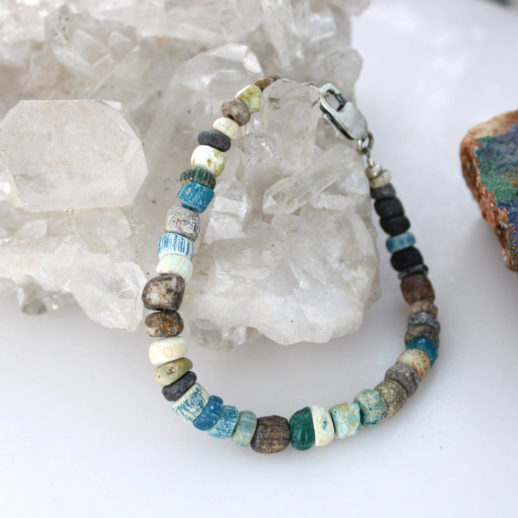 Antique Blue Brown Roman Glass and Turquoise Bracelet Men or Woman