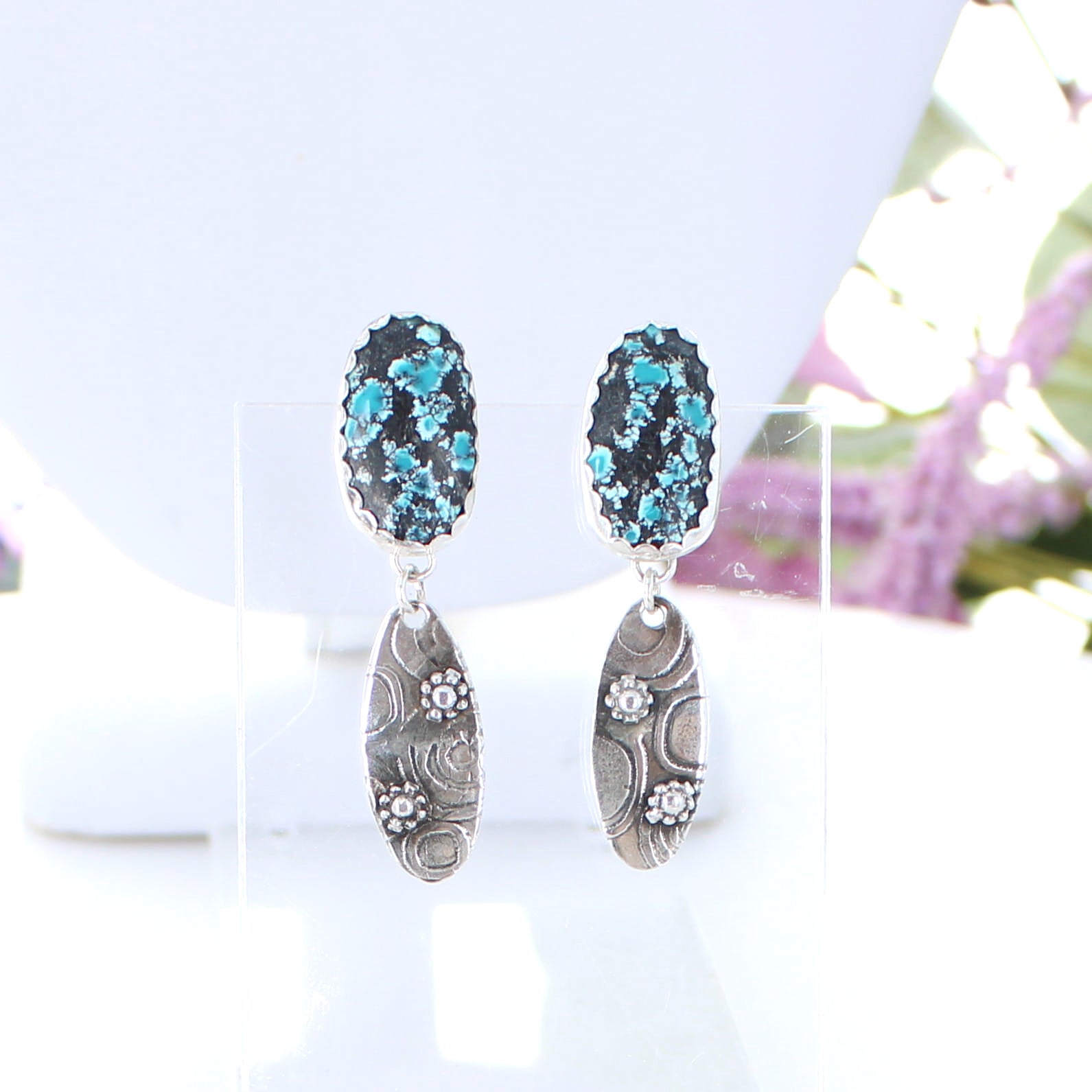 Blue and Black Tibetan Turquoise Earrings Sterling Silver Dangles