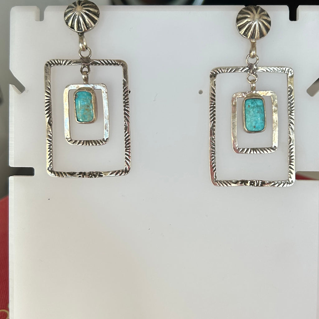 Kingman Turquoise Earrings Double Hoops Sterling Silver Rectangles