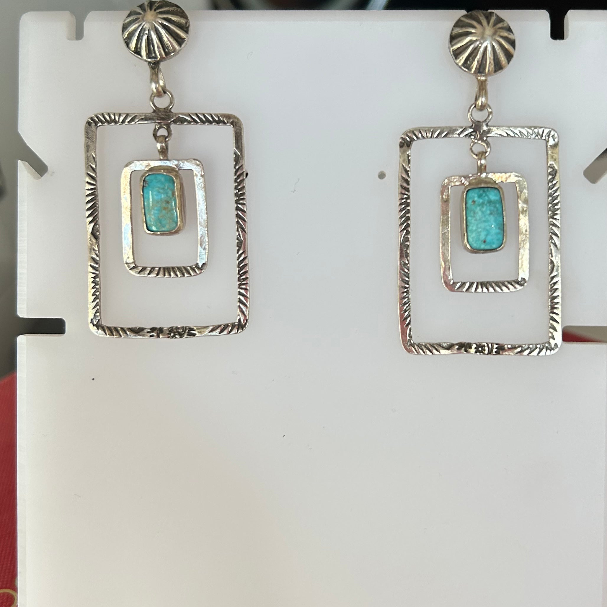 Kingman Turquoise Earrings Double Hoops Sterling Silver Rectangles