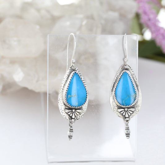 AAA BRILLIANT BLUE Ithaca Turquoise Sterling Earrings Large Teardrops NewWorldGems