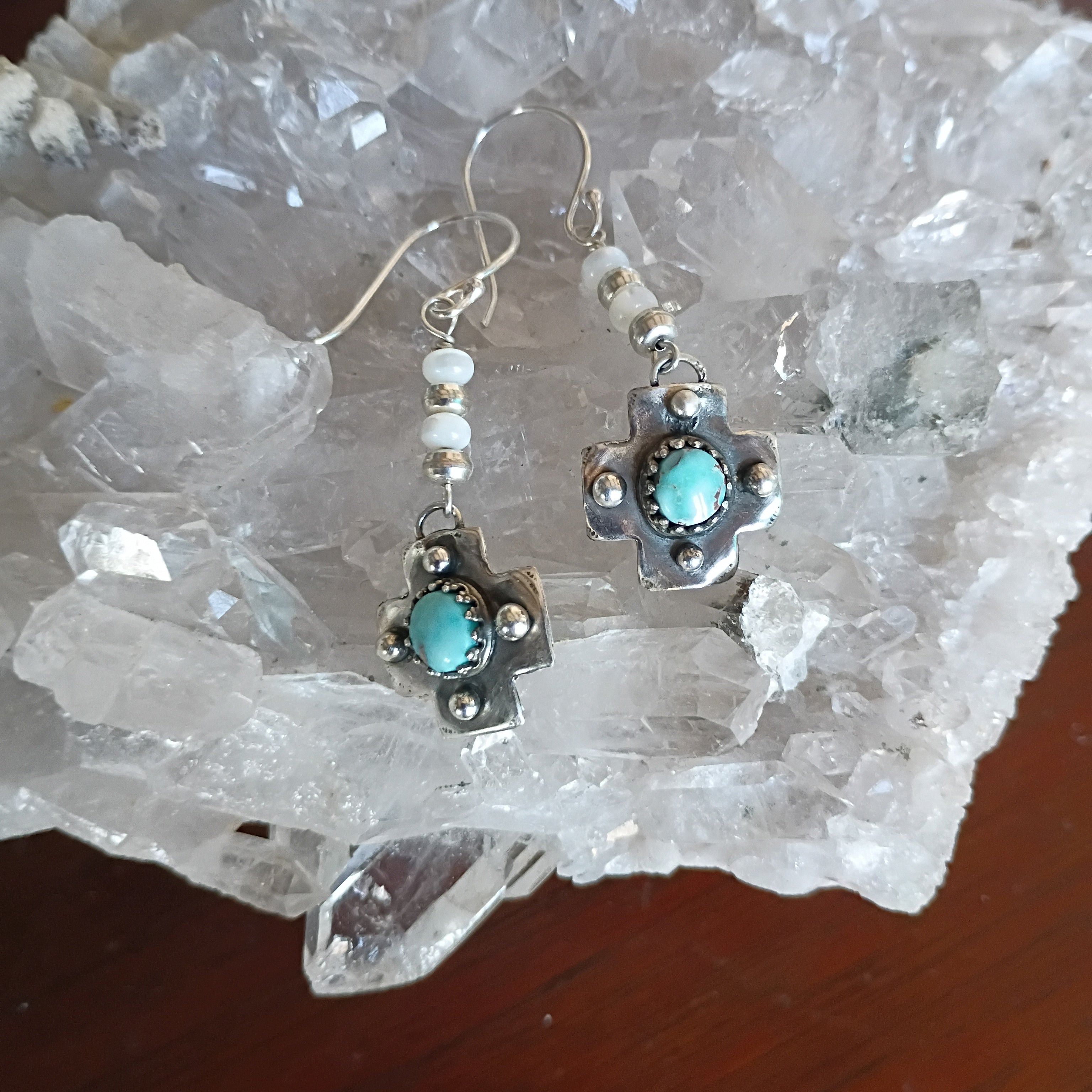 RARE DRY CREEK Turquoise Cross Earrings Sterling Silver Southwestern Boho