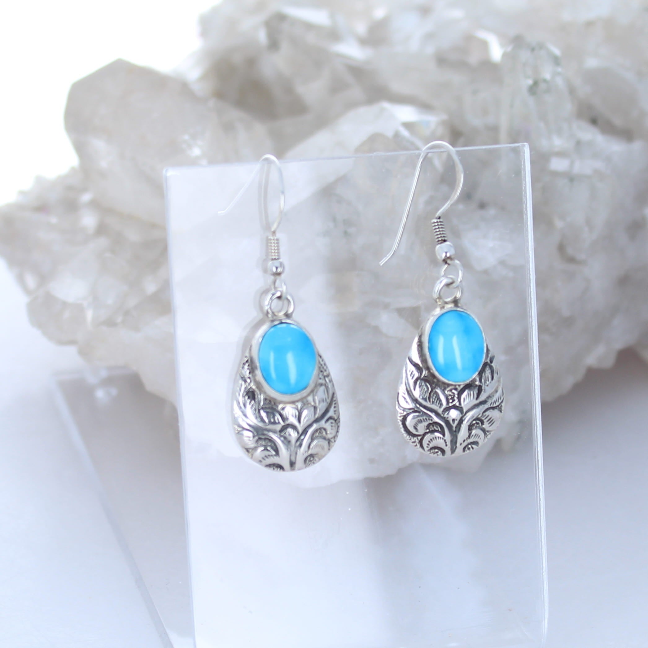 Stunning Blue Bird Sterling Earrings Etched Teardrops