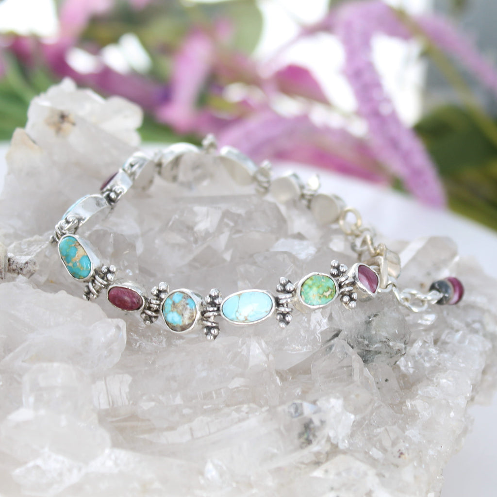 Elegant Mixed Turquoise Bracelet Sterling Silver Royston Purple Spiny Southwest