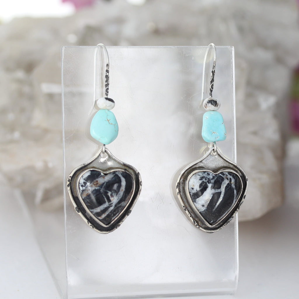 Hearts Lone Mountain and White Buffalo Turquoise Earrings Sterling