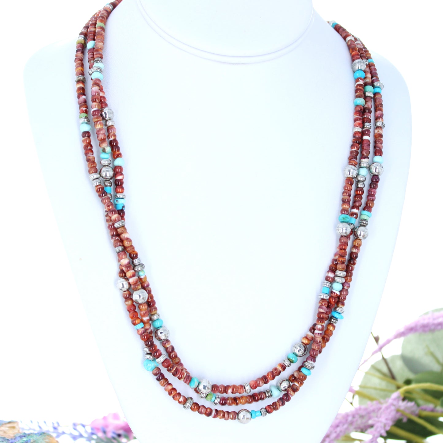 Red P{urple Spiny Oyster Turquoise Southwestern Necklace 3 Strand