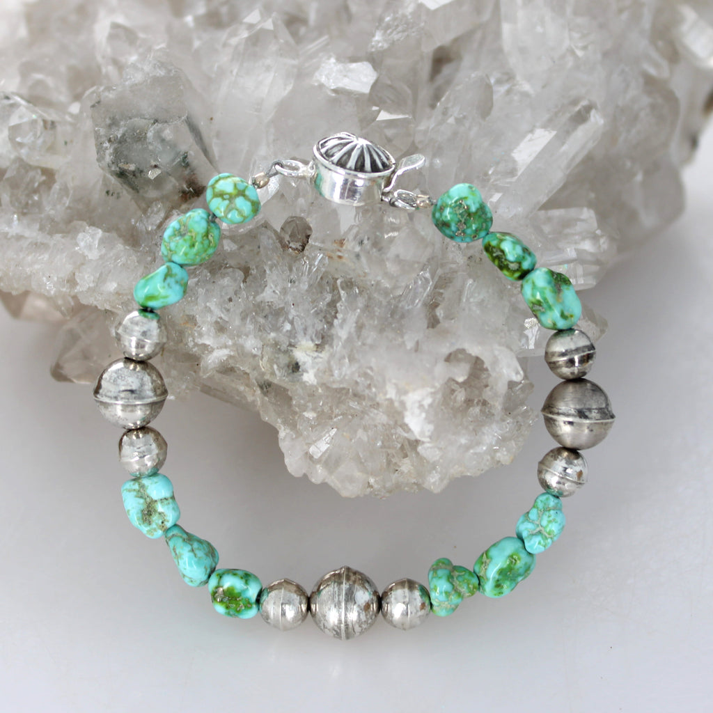 Sky Blue Green Sonoran Gold Turquoise Bracelet Bench Made Sterling Silver Beads