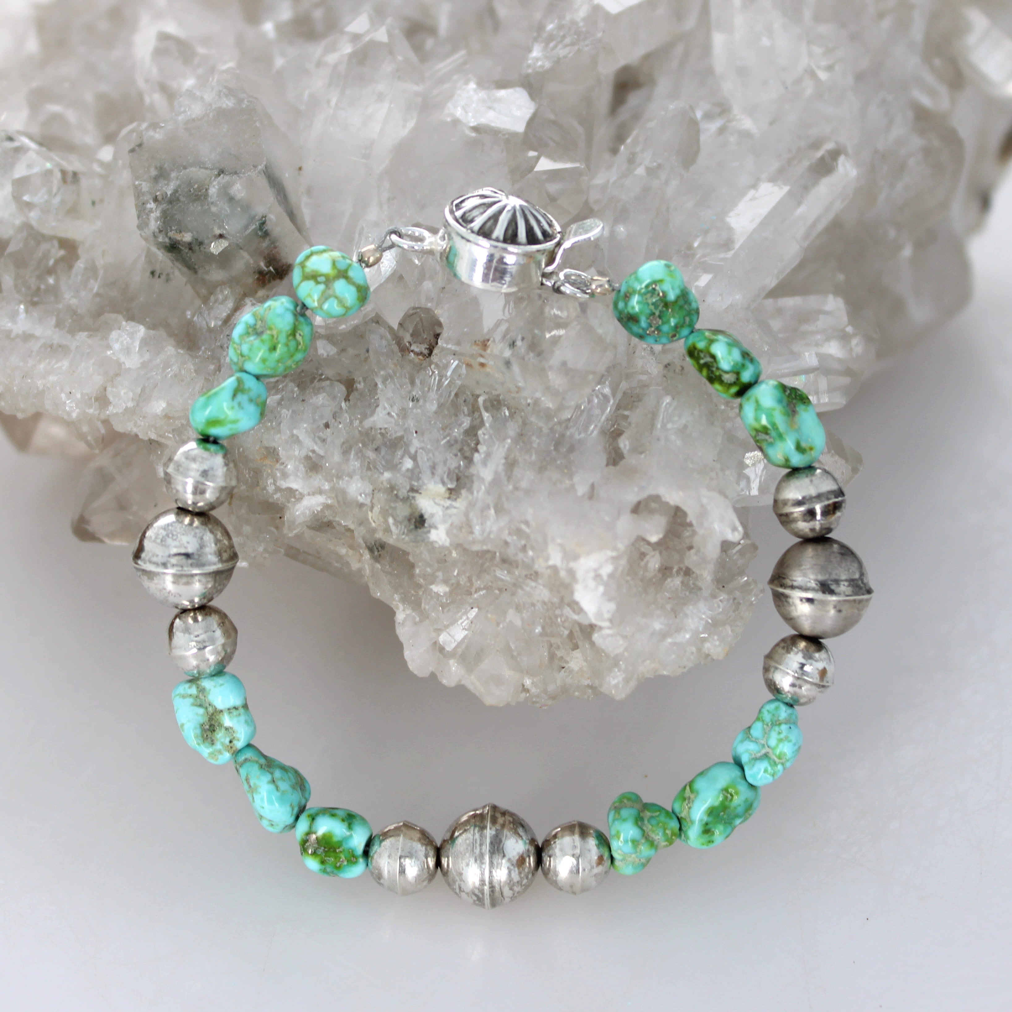 Sky Blue Green Sonoran Gold Turquoise Bracelet Bench Made Sterling Silver Beads