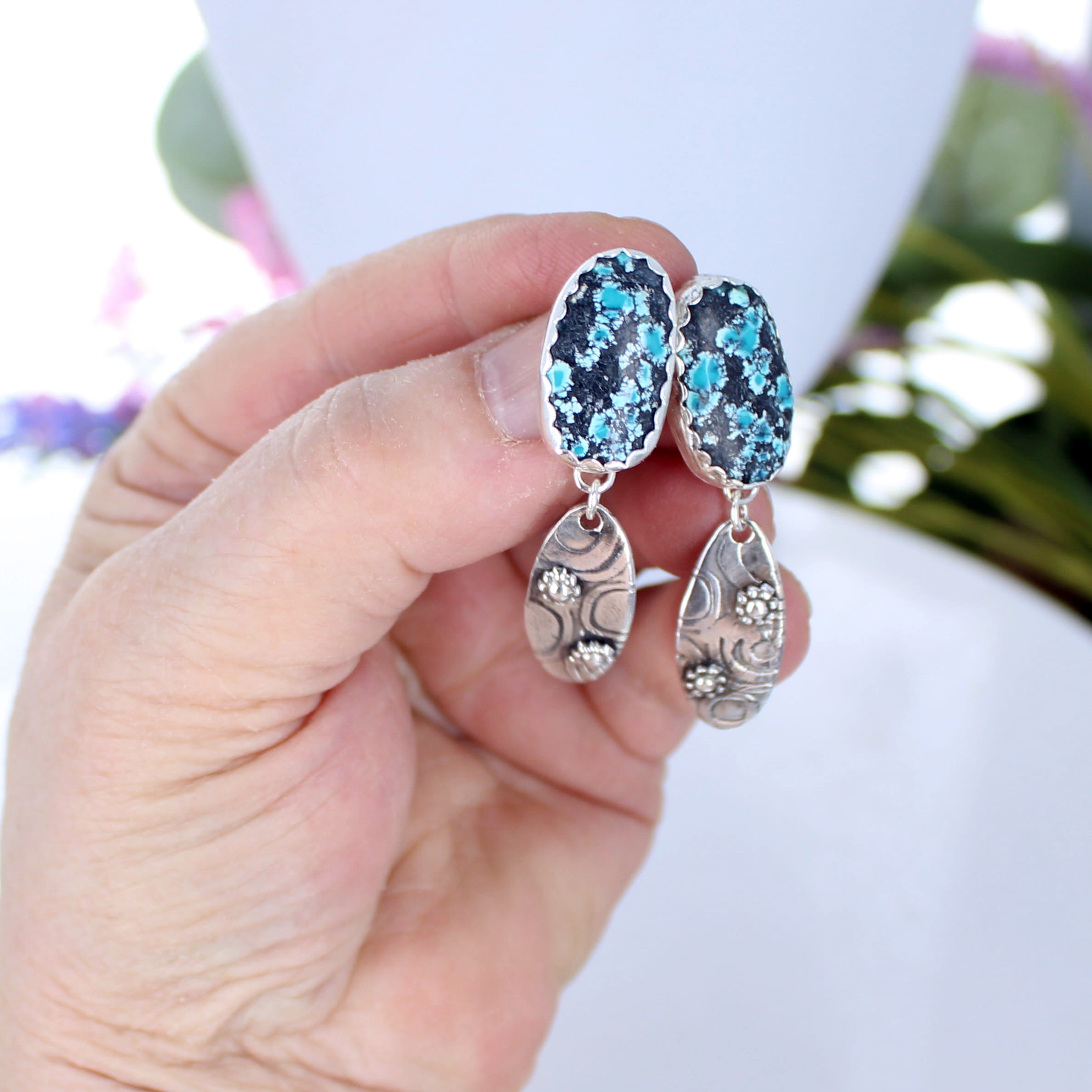 Blue and Black Tibetan Turquoise Earrings Sterling Silver Dangles