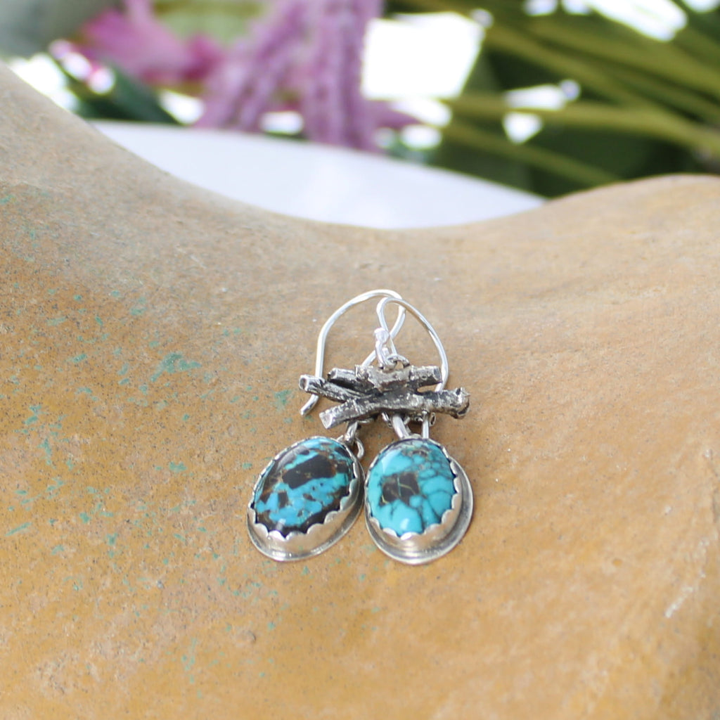 Deep Blue Rustic Carico Lake Turquoise Earrings Sterling Southwestern Style