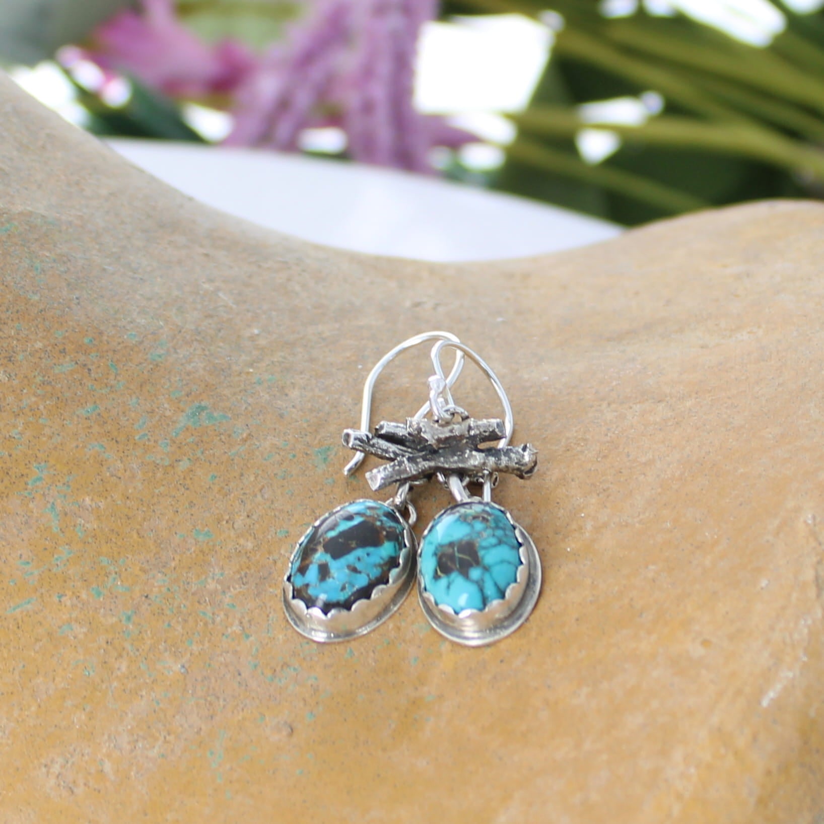 Deep Blue Rustic Carico Lake Turquoise Earrings Sterling Southwestern Style