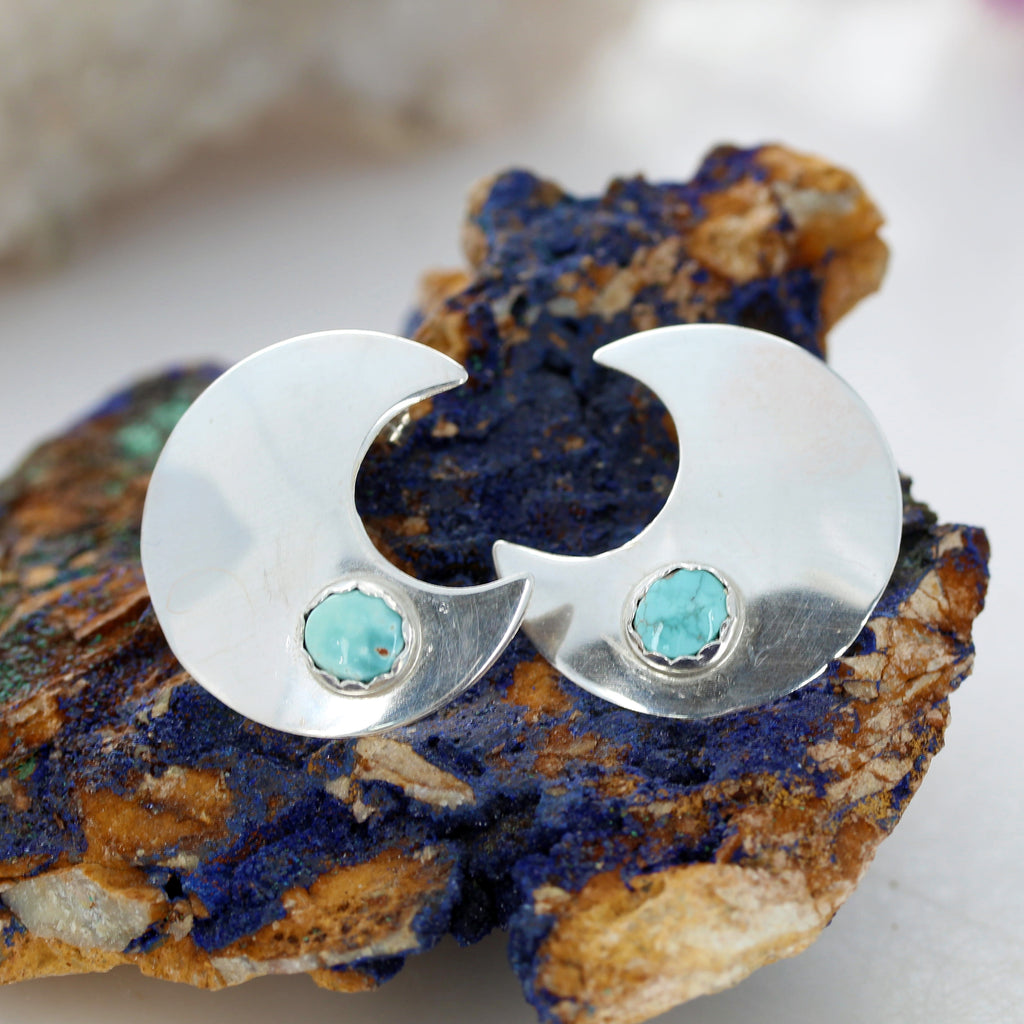 Carico Lake Turquoise Crescent Moon Earrings Sterling Posts Large