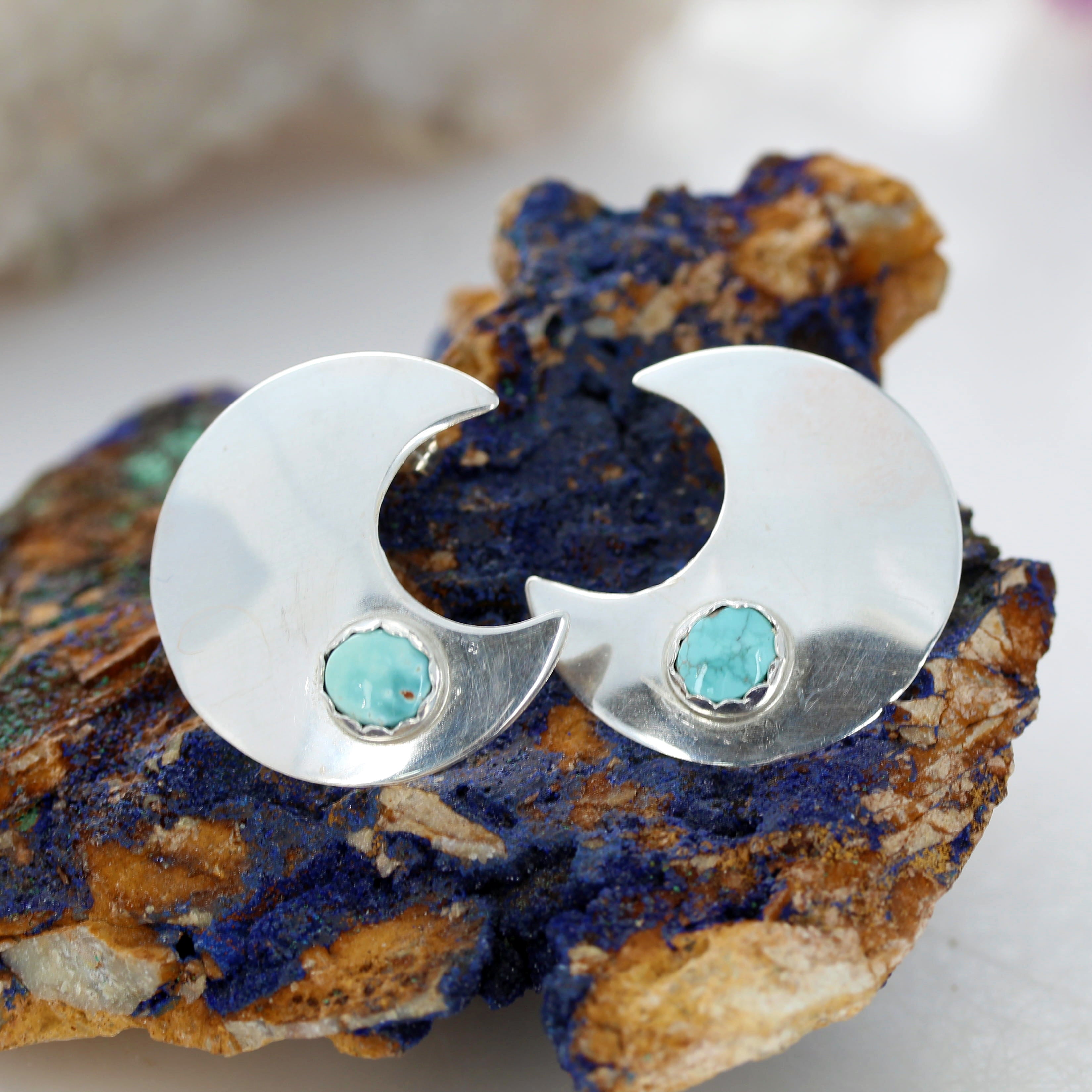 Carico Lake Turquoise Crescent Moon Earrings Sterling Posts Large