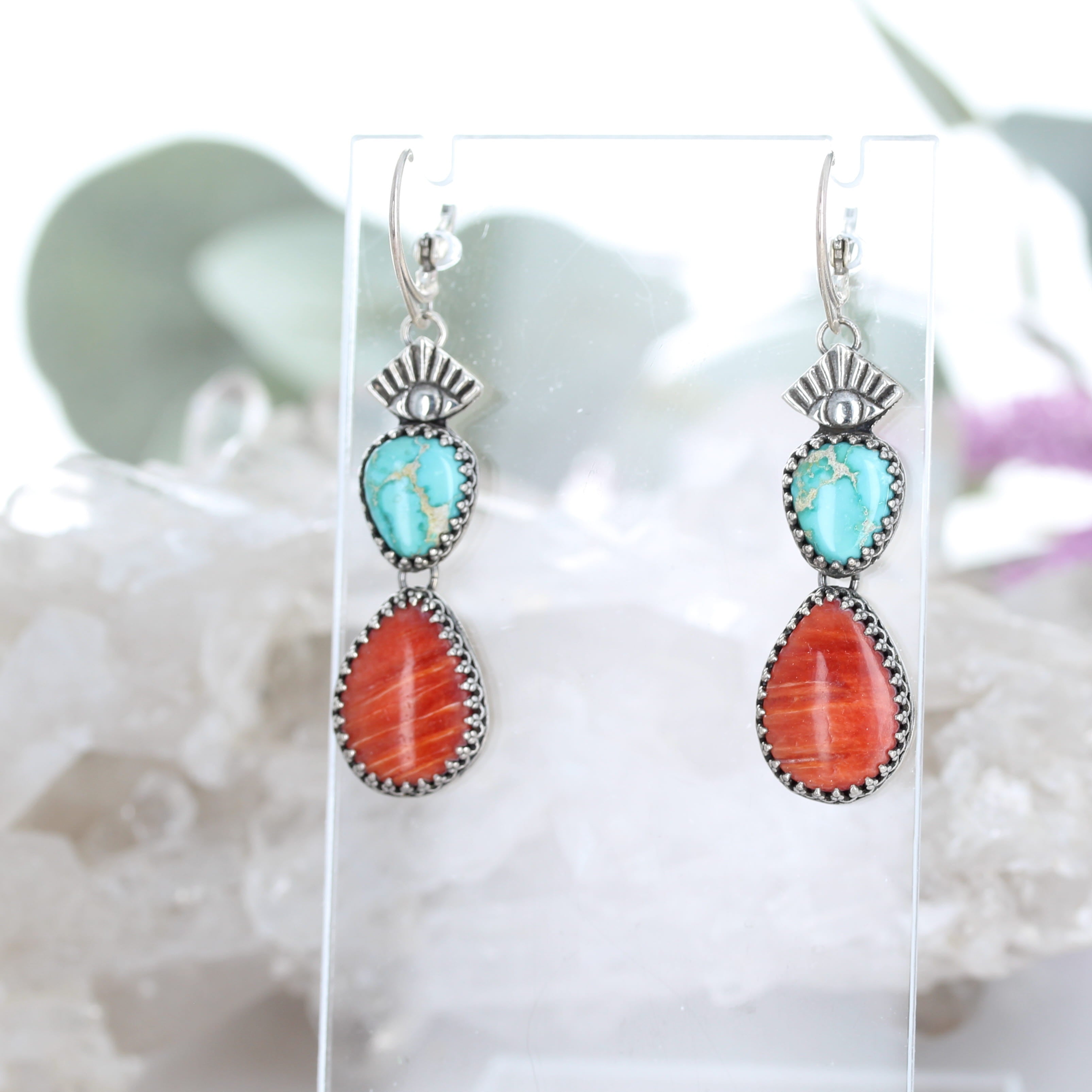 Dramatic Sonoran Turquoise Spiny Oyster Earrings Southwest