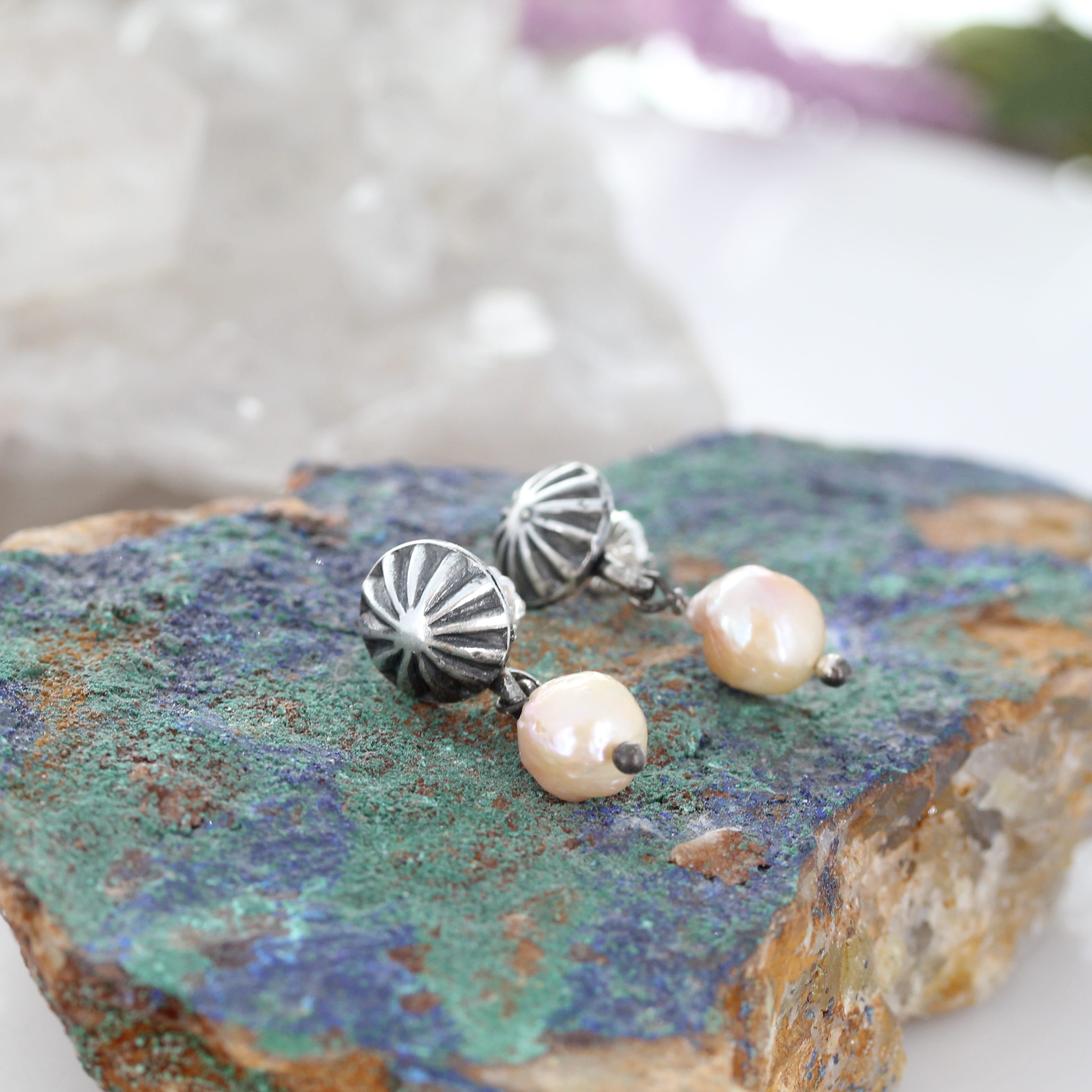 Baroque 11mm Pearl Earrings Sunburst Posts Southwestern Elegance