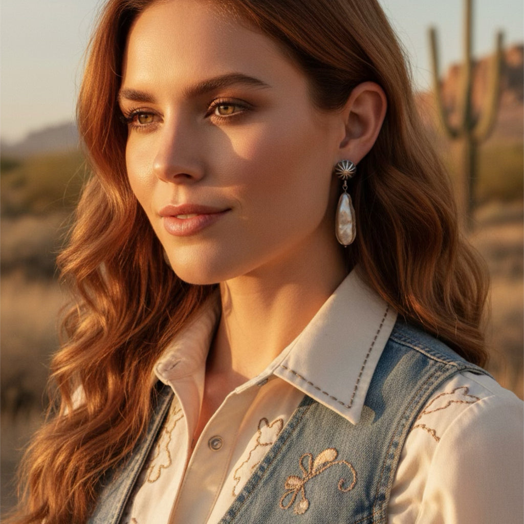 Long Biwa Pearl Earrings Sunburst Posts Southwestern Elegance