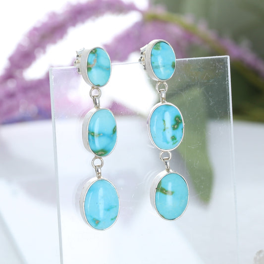 Sonoran Mountain Turquoise Earrings 3 Stone Dangles Sterling Silver