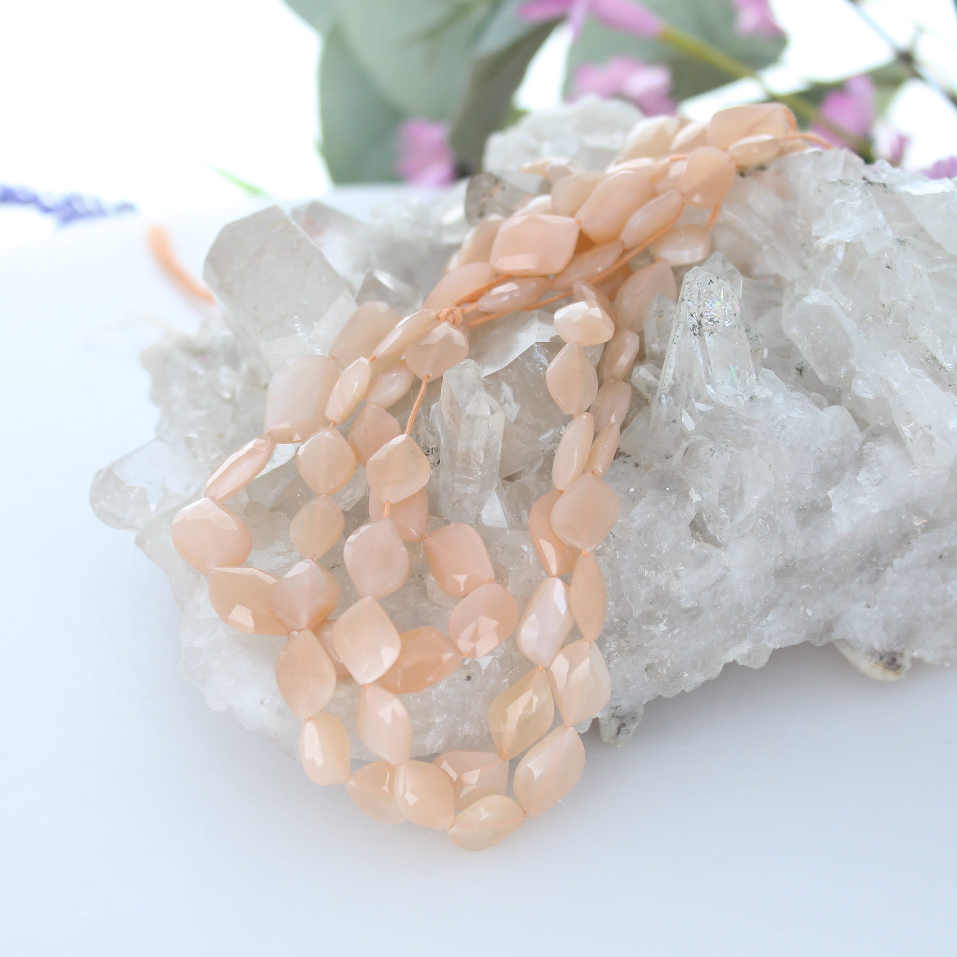 Iridescent Peach Moonstone Faceted Free Form Beads 7"