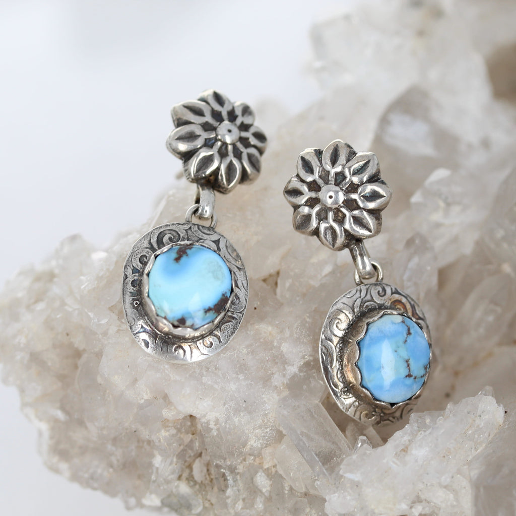 Kazakhstan Turquoise Earrings Baby Blue Floral Design Sterling Silver