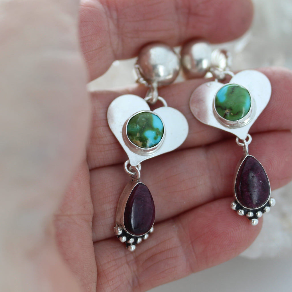 Sonoran Turquoise and Purple Spiny Oyster Earrings Sterling Hearts