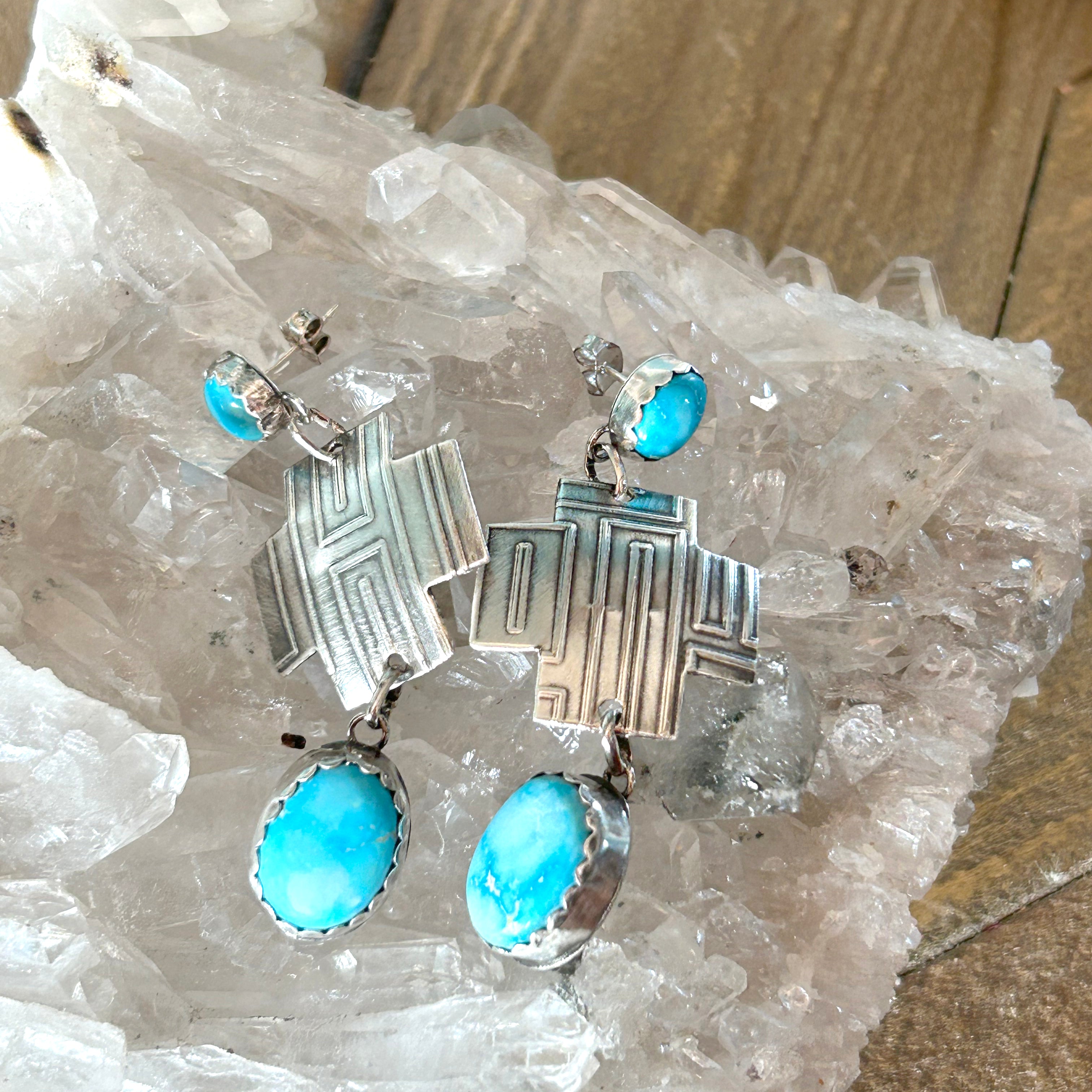 Emerald Valley Turquoise Sterling Southwestern Cross Earrings 2 Stone 2.6"