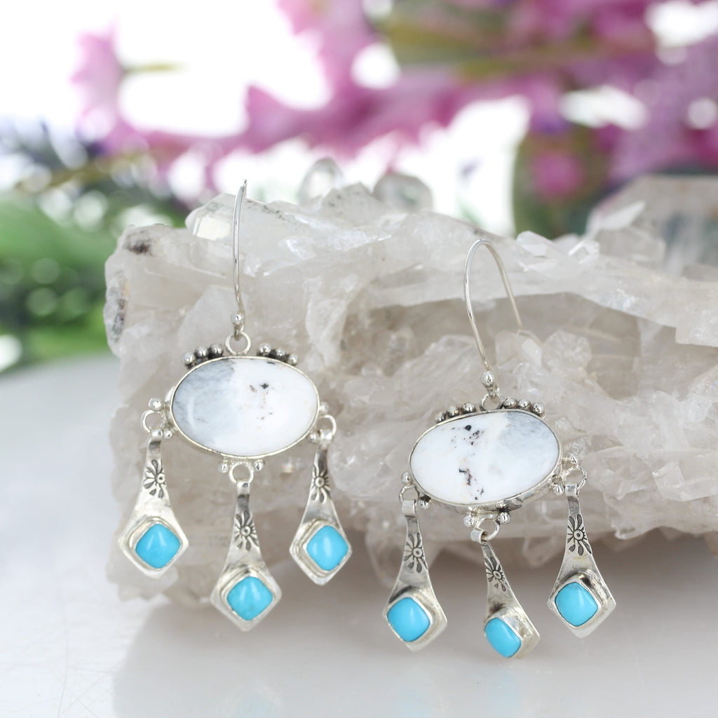 White Buffalo Turquoise with Blue Sonoran Turquoise Boho Dangle Earrings Sterling