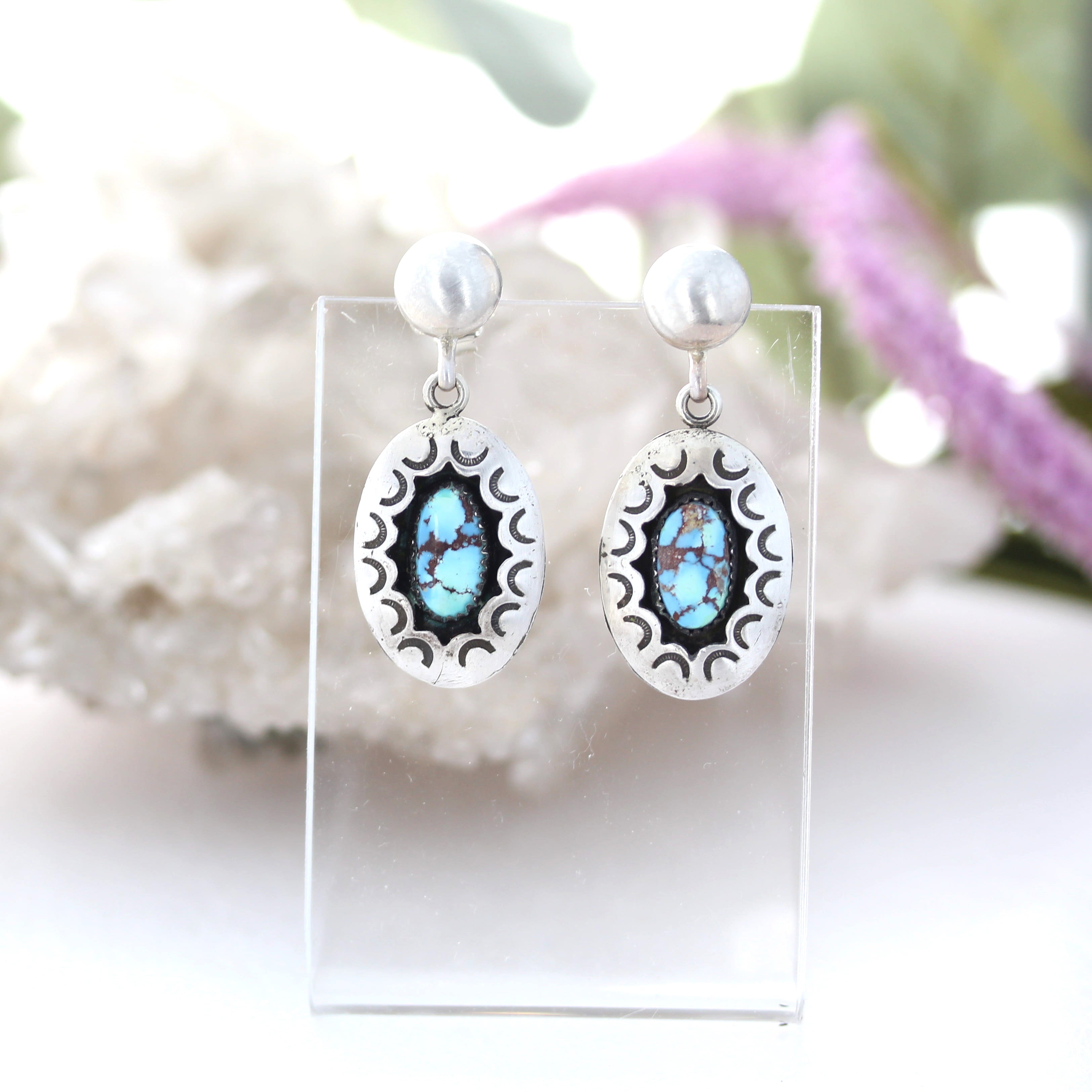 Kazakhstan Turquoise Earrings Shadow Box Oval Patterned Sterling Silver
