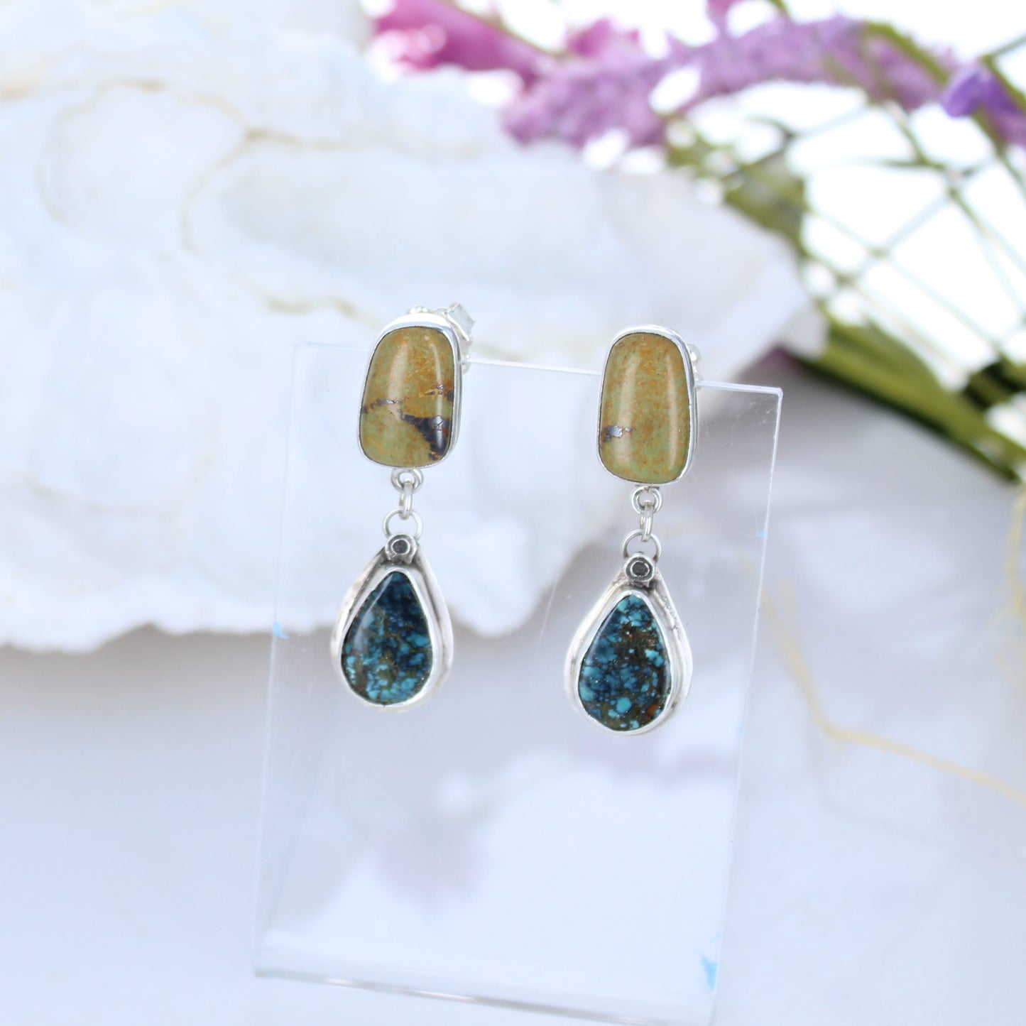 Olive Green and Deep Blue Black Hubei Turquoise Earrings Sterling -NewWorldGems