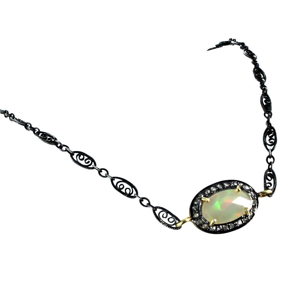 DIAMOND Pendant OPAL and Antiqued Sterling Necklace 16" New World Gems