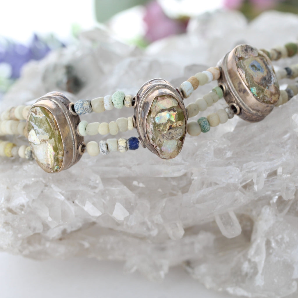 Antique Roman Glass Bracelet 3 Strand Beauty Sterling Silver