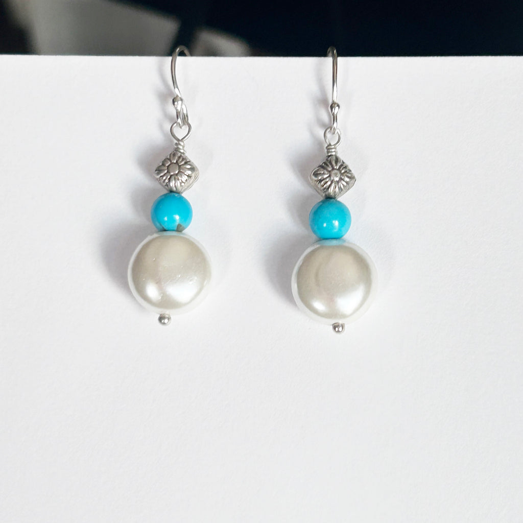 Sleeping Beauty Turquoise and Cream Coin Pearl Earrings Sterling Silver