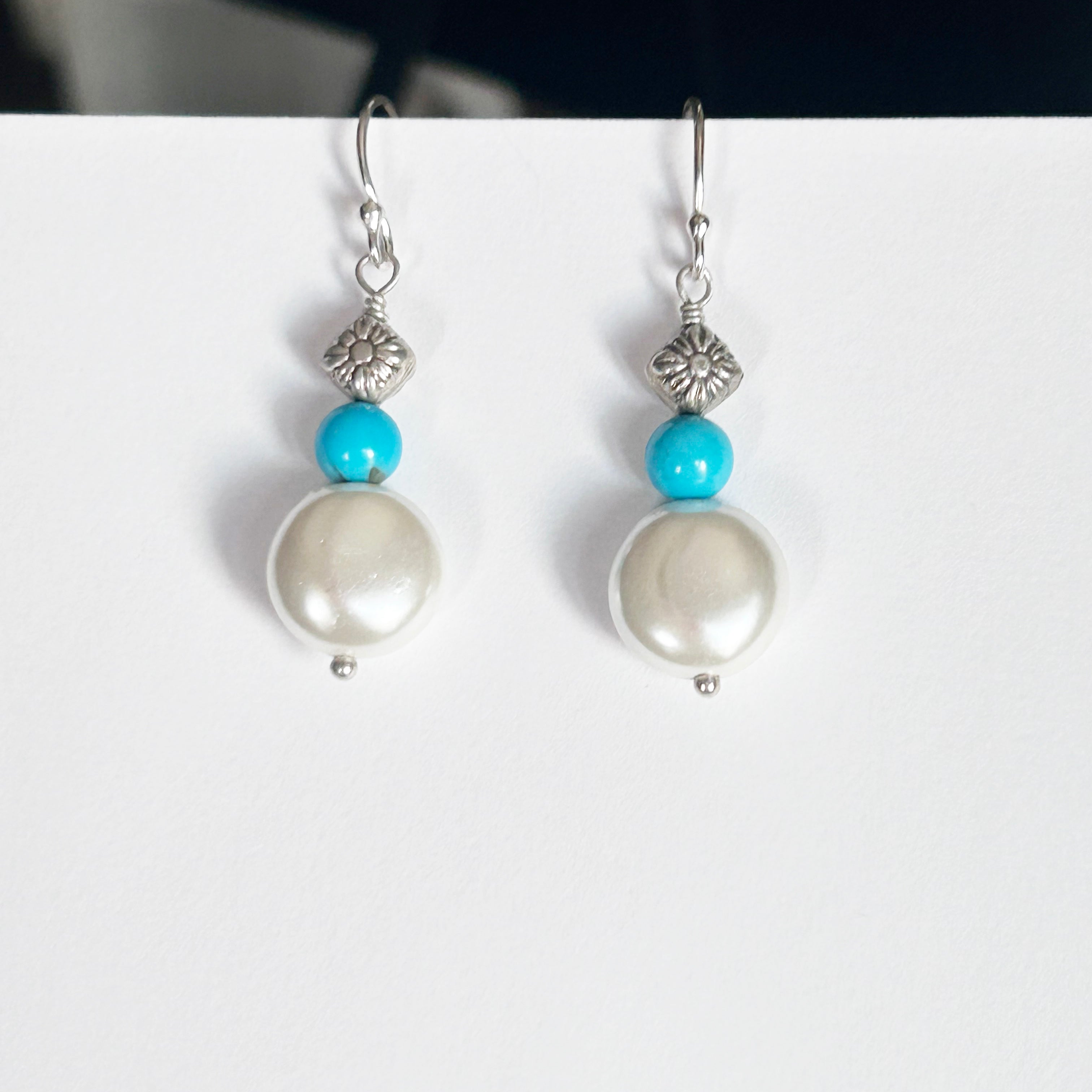 Sleeping Beauty Turquoise and Cream Coin Pearl Earrings Sterling Silver