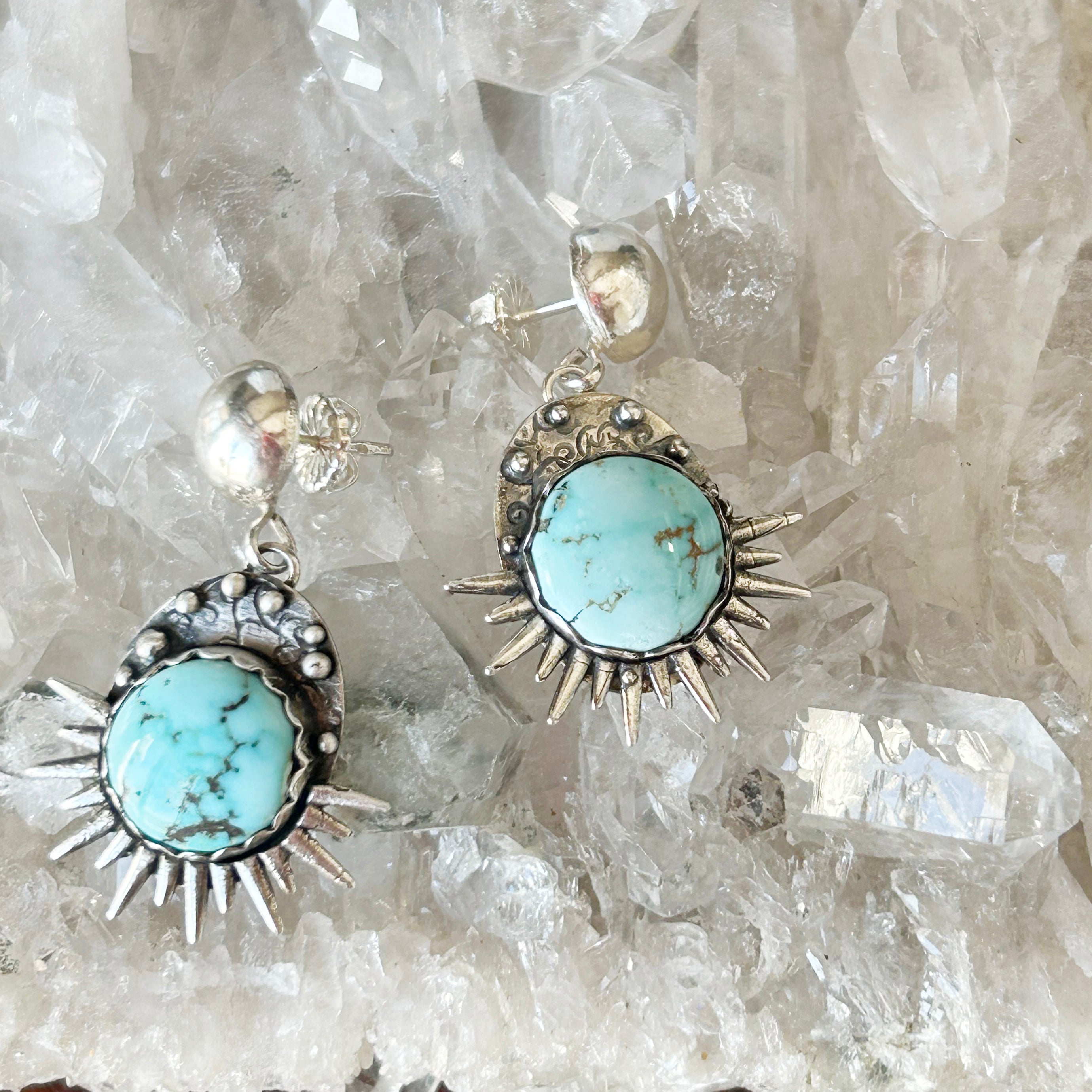 RARE DRY CREEK Turquoise Sunburst Earrings Sterling Silver Handmade