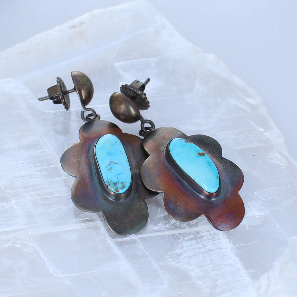 Blue Moon Turquoise Flower Design Earrings Sterling