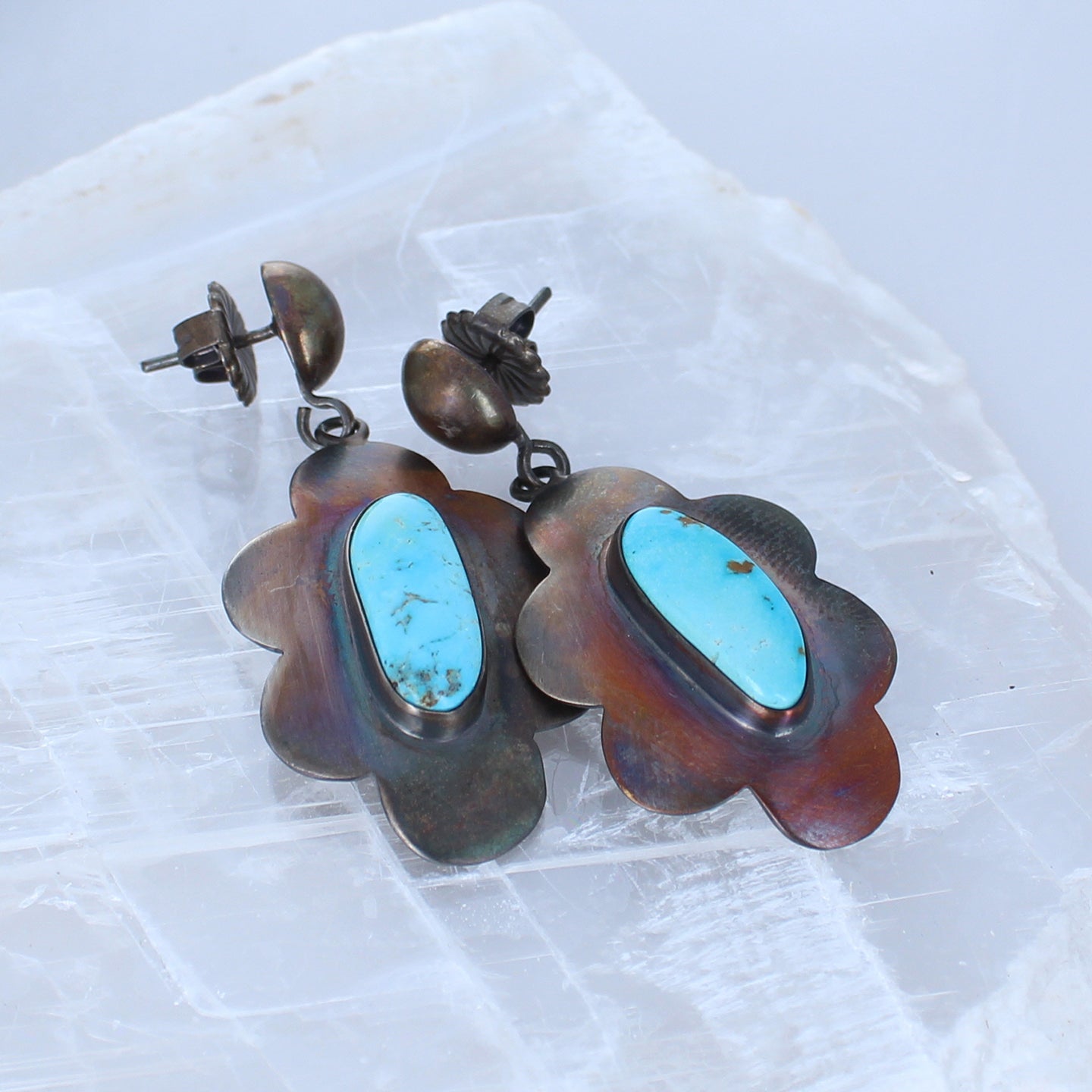 Blue Moon Turquoise Flower Design Earrings Sterling