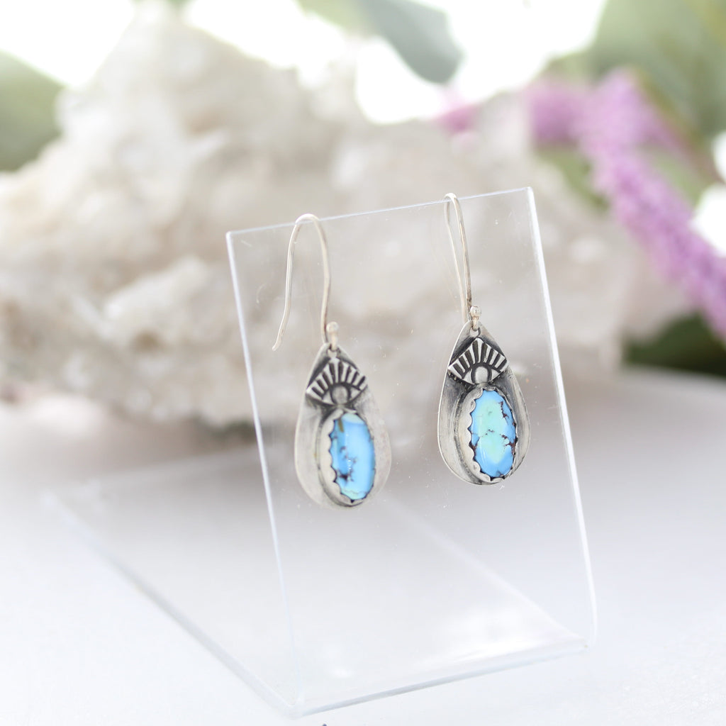 Kazkhastan Turquoise Earrings Sterling Silver Teardrops Protective Eye