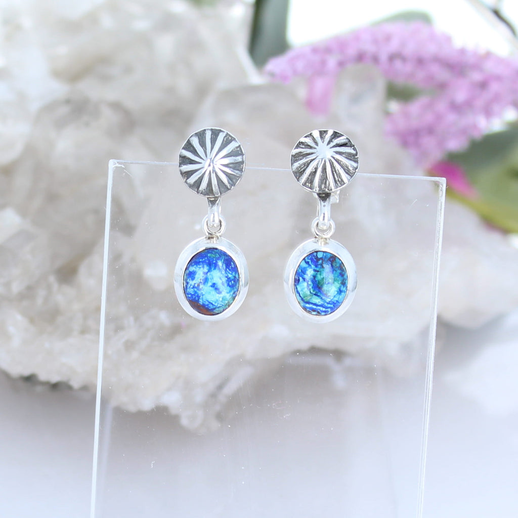 Vivid Azurite Earrings Sterling Silver Sunburst Post Design