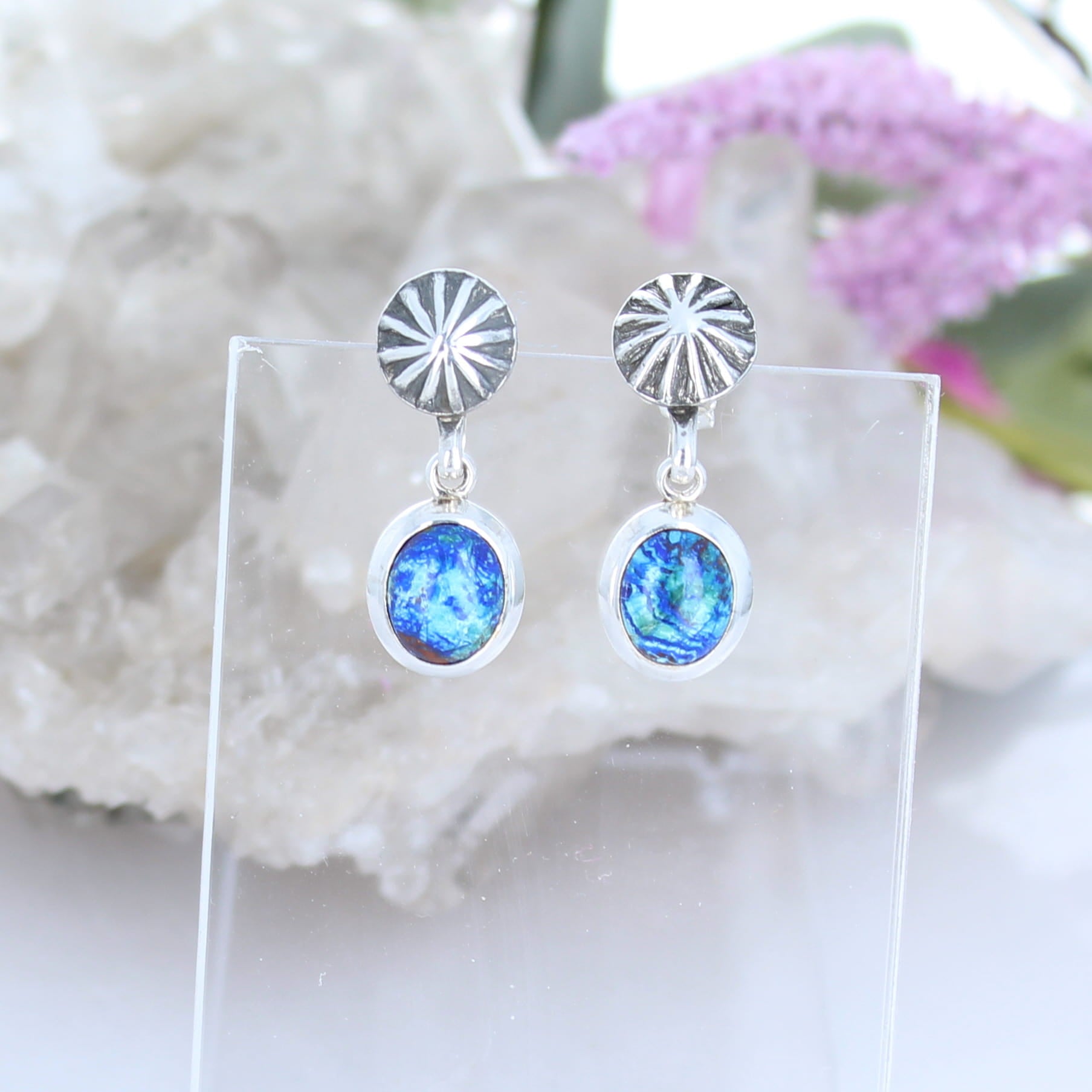Vivid Azurite Earrings Sterling Silver Sunburst Post Design