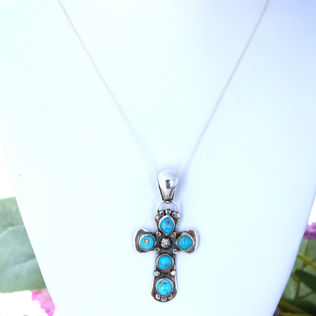 Sleeping Beauty Turquoise Cross Pendant Necklace Sterling Southwestern