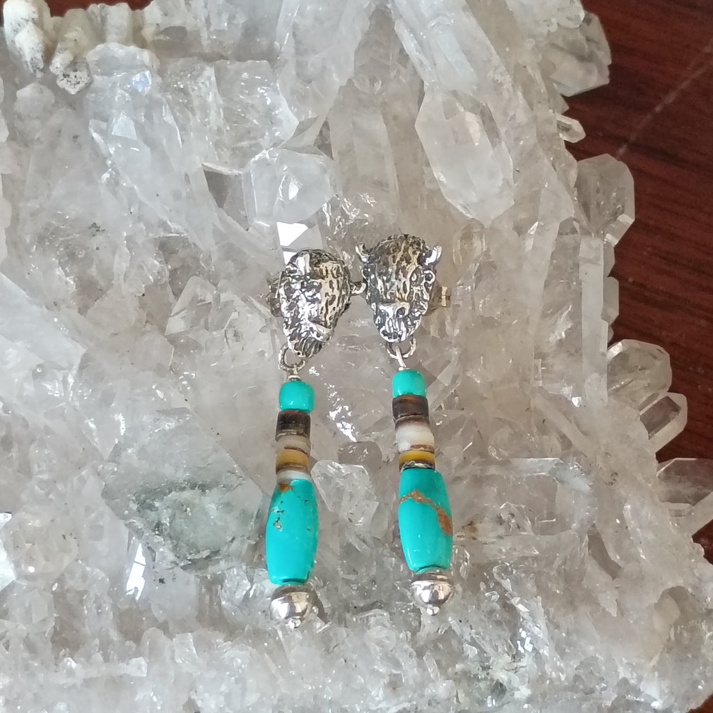 Buffalo Head and Blue Carico Lake Turquoise Earrings Sterling Southwestern