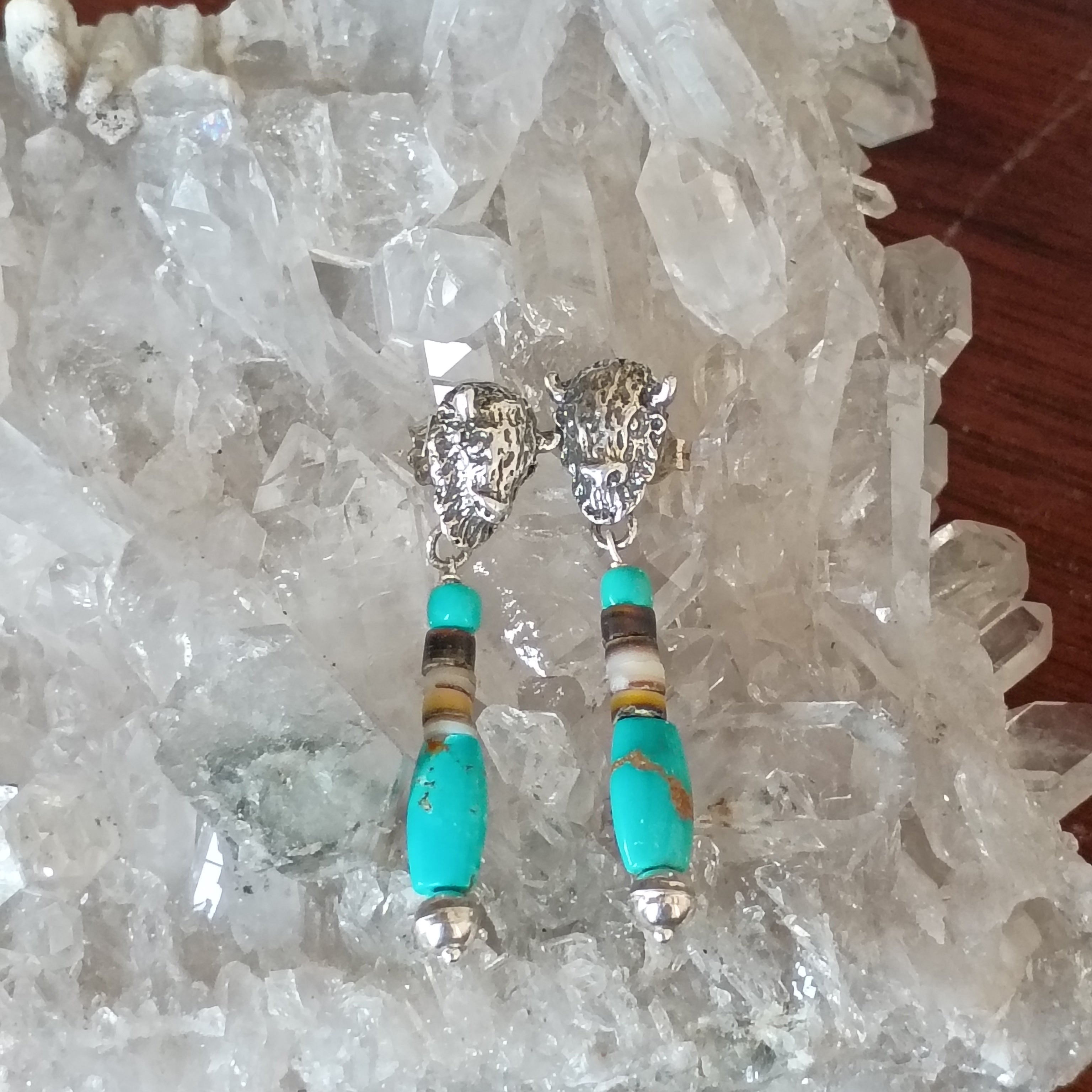 Buffalo Head and Blue Carico Lake Turquoise Earrings Sterling Southwestern