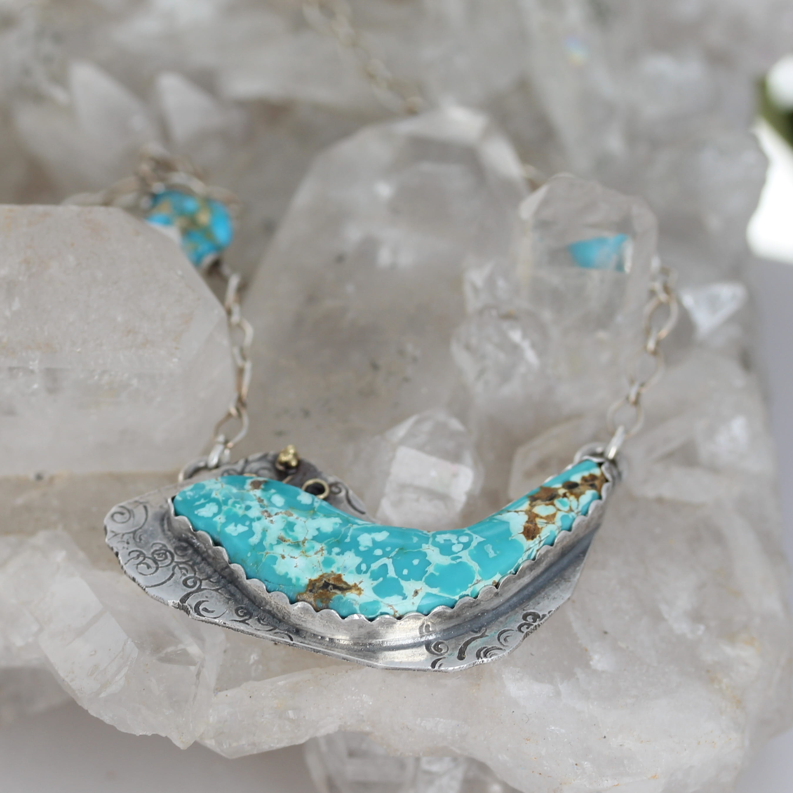 BLUE MOON Turquoise Bird Pendant Sterling and 18K Gold 18"