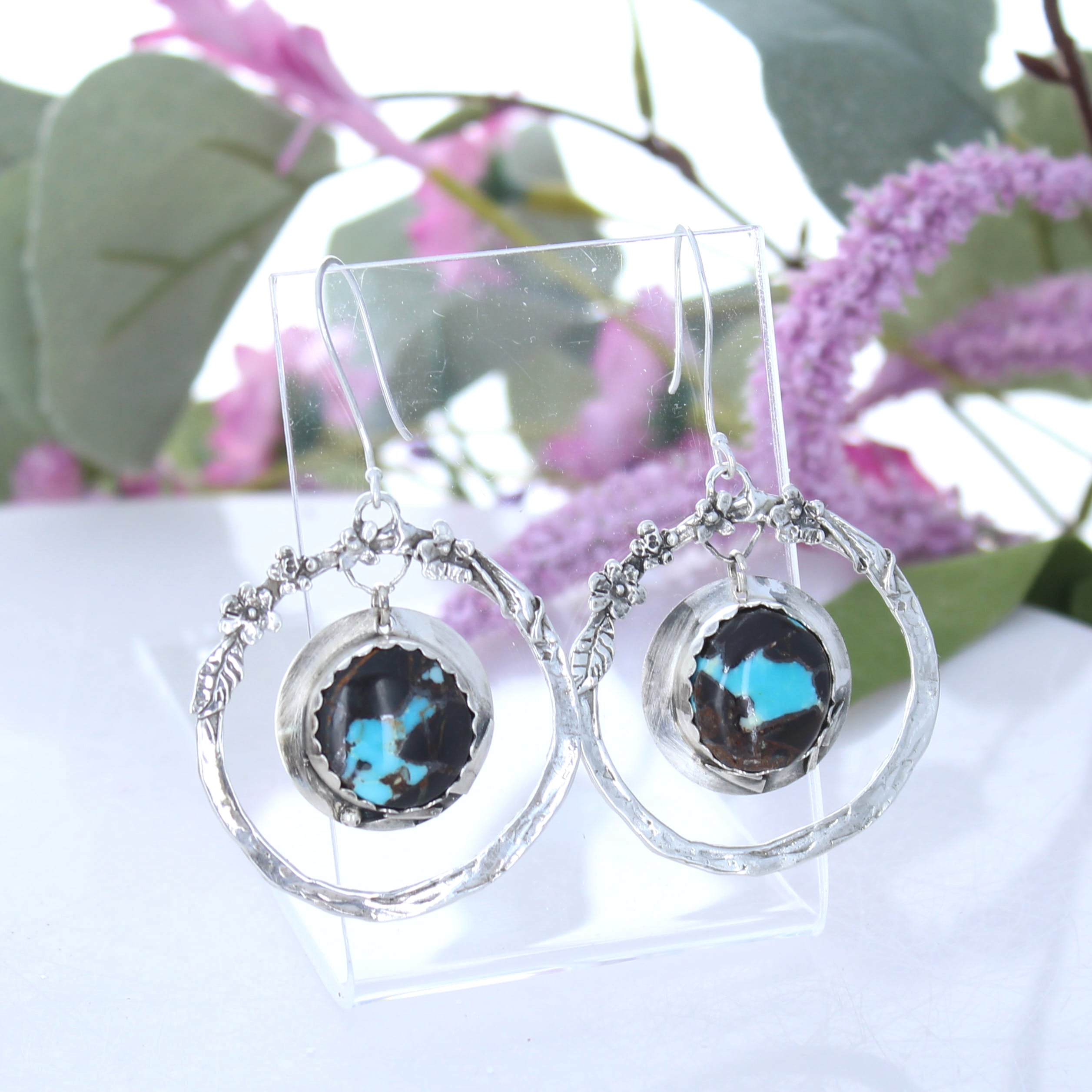 Stunning Boho Floral Blue Moon Turquoise Earrings 2.5"