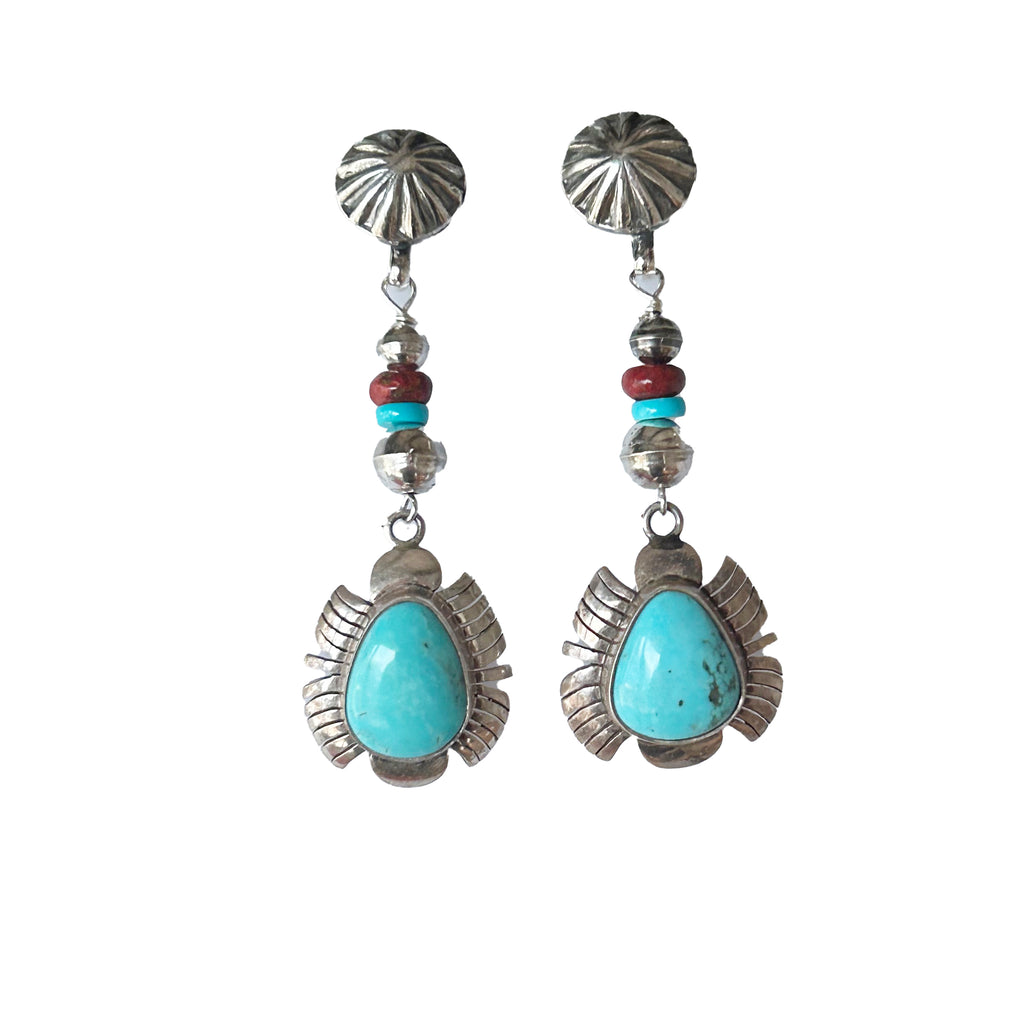 Beautiful Sky Blue Kingman Mine Turquoise and Red Cuprite Earrings Feathered