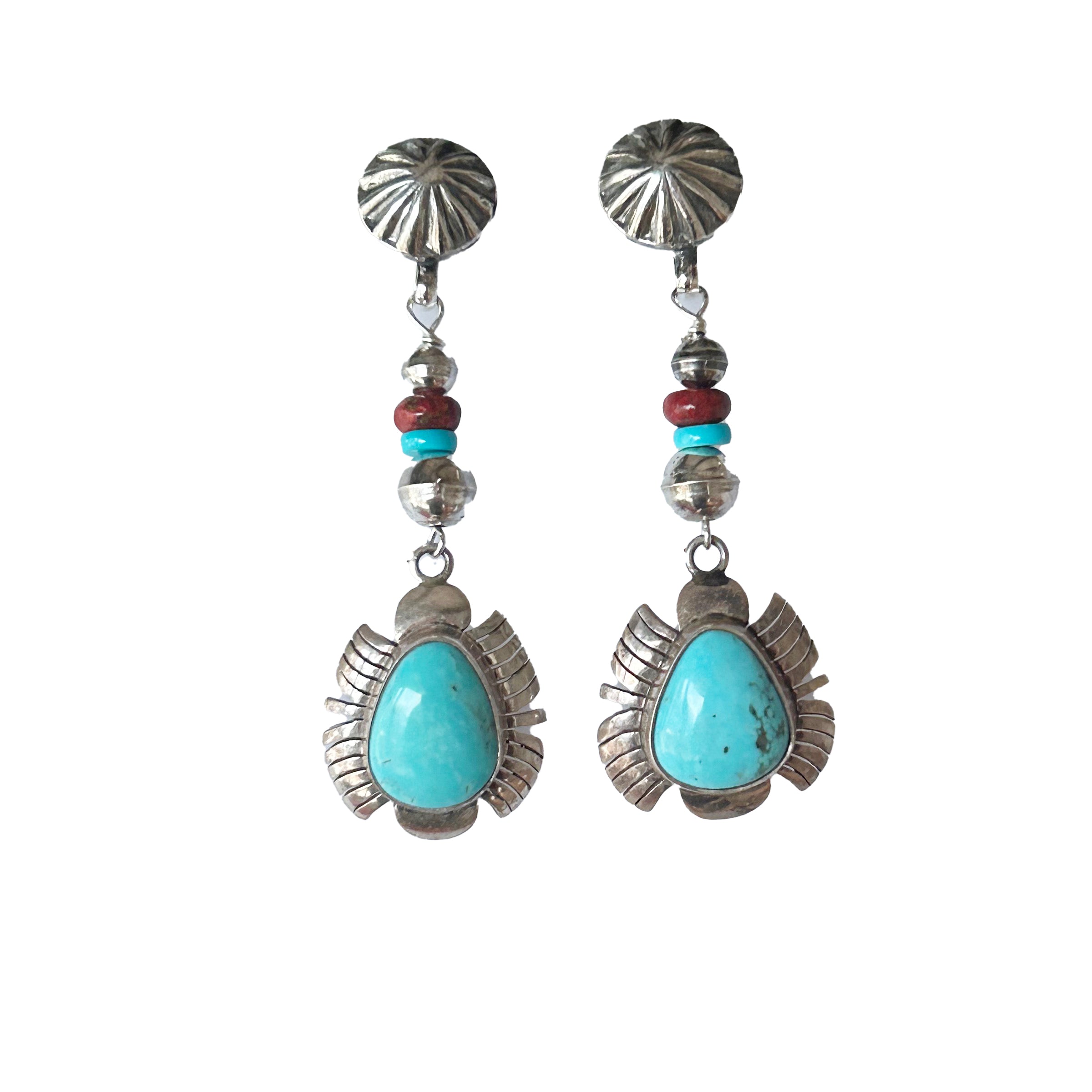 Beautiful Sky Blue Kingman Mine Turquoise and Red Cuprite Earrings Feathered