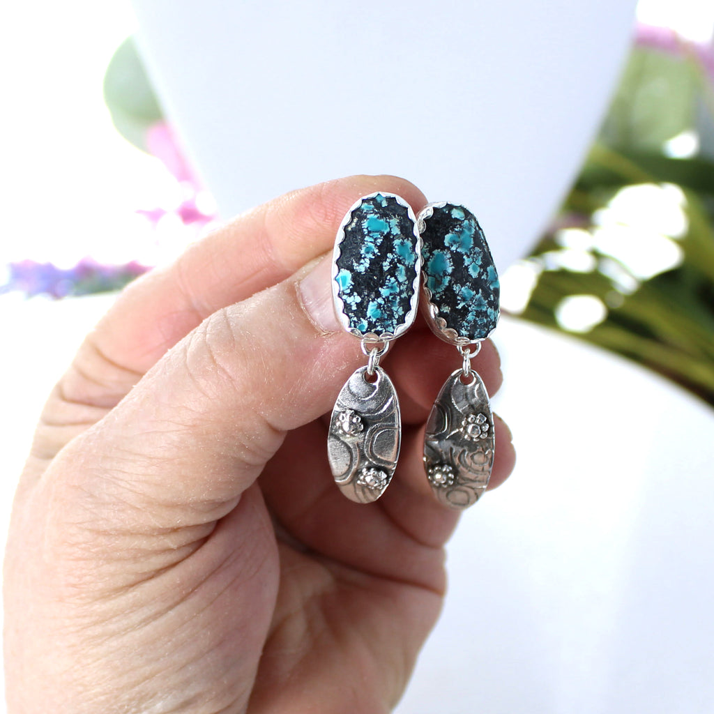 Blue and Black Tibetan Turquoise Earrings Sterling Silver Dangles