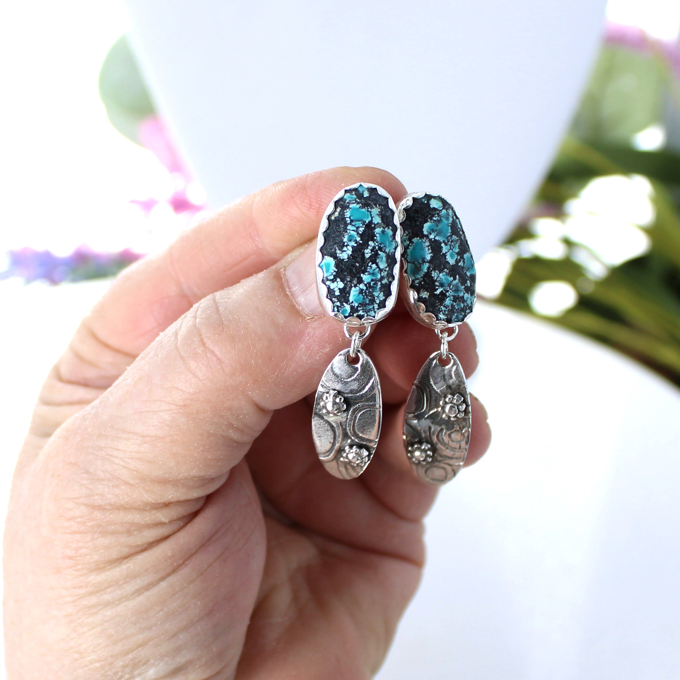 Blue and Black Tibetan Turquoise Earrings Sterling Silver Dangles
