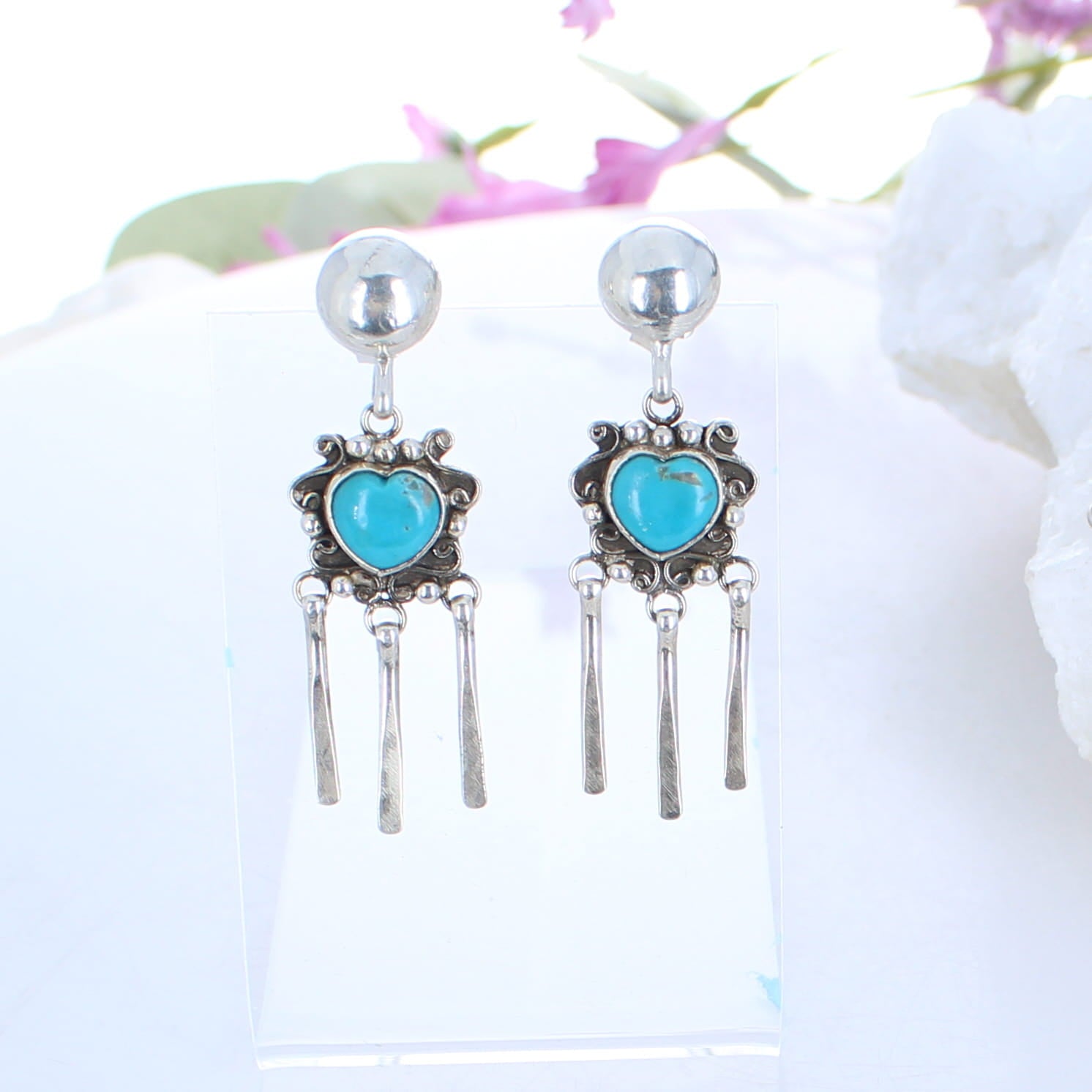Kingman Turquoise Hearts Earrings Bright Sky Blue Dangles -NewWorldGems