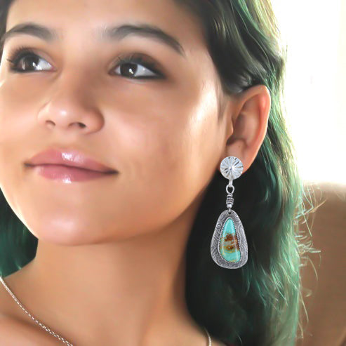 Mint Green Royston Turquoise Earrings Patterned Sterling Sunburst Posts
