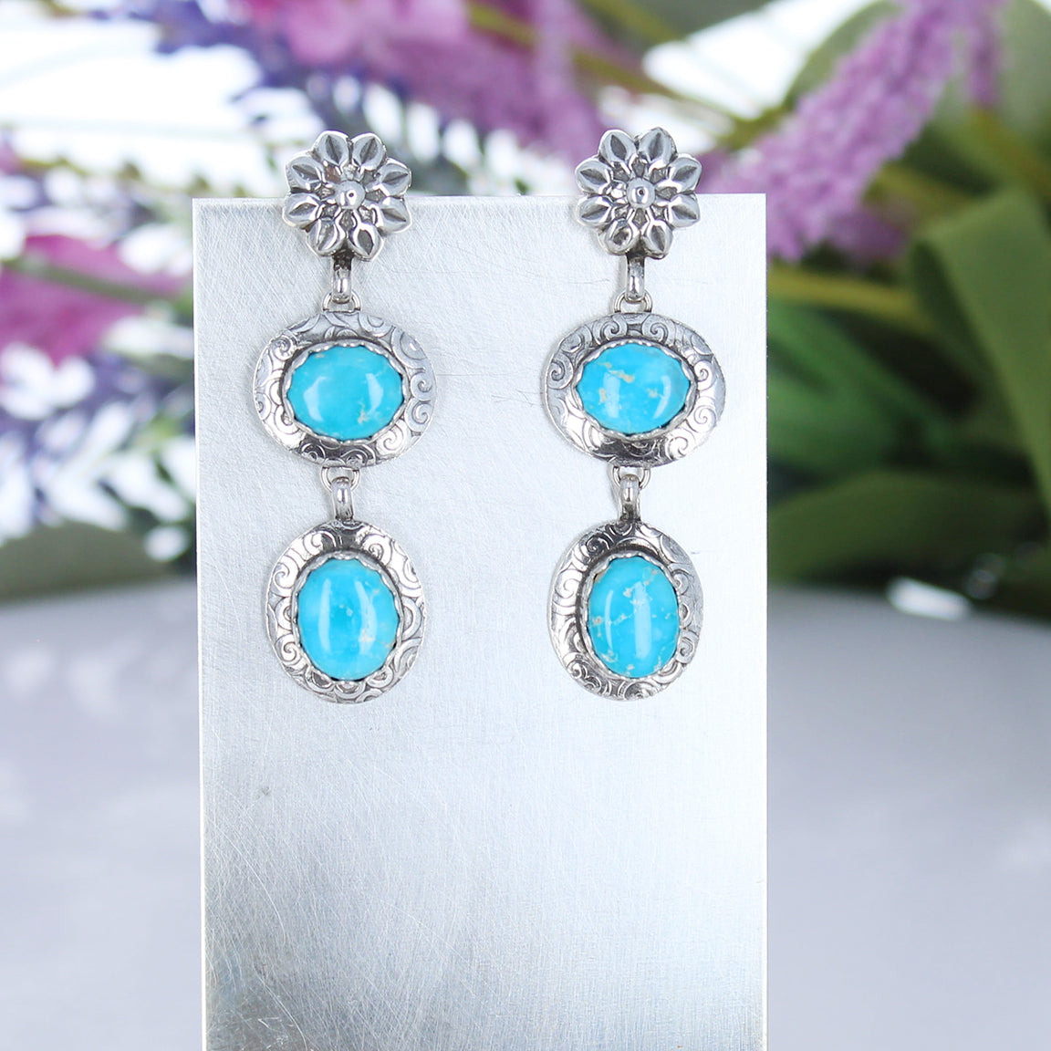 Blue Bird Turquoise Earrings 2 Stone Sky Blue Spiral Design Sterling